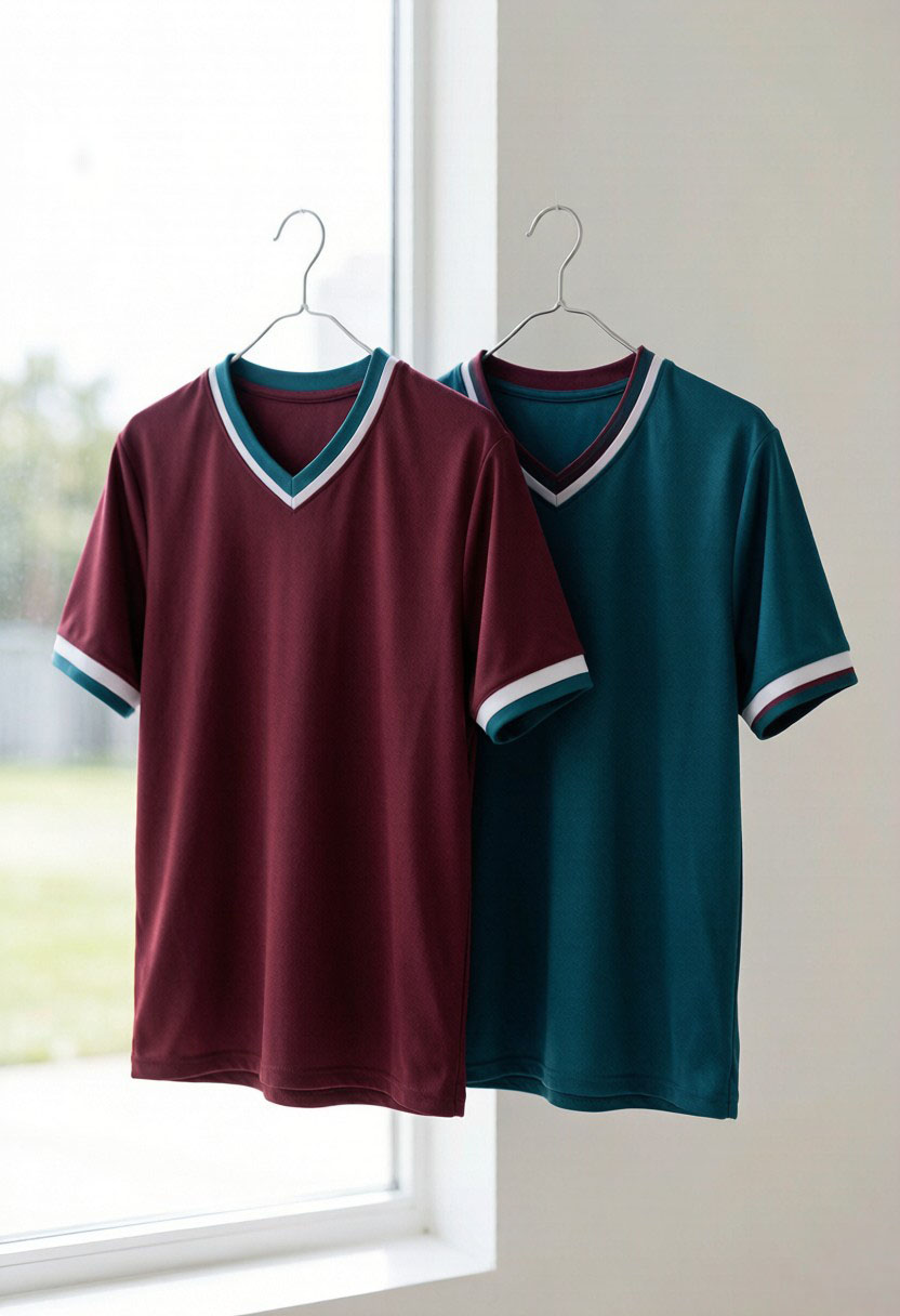 Maroon and teal jerseys by a window