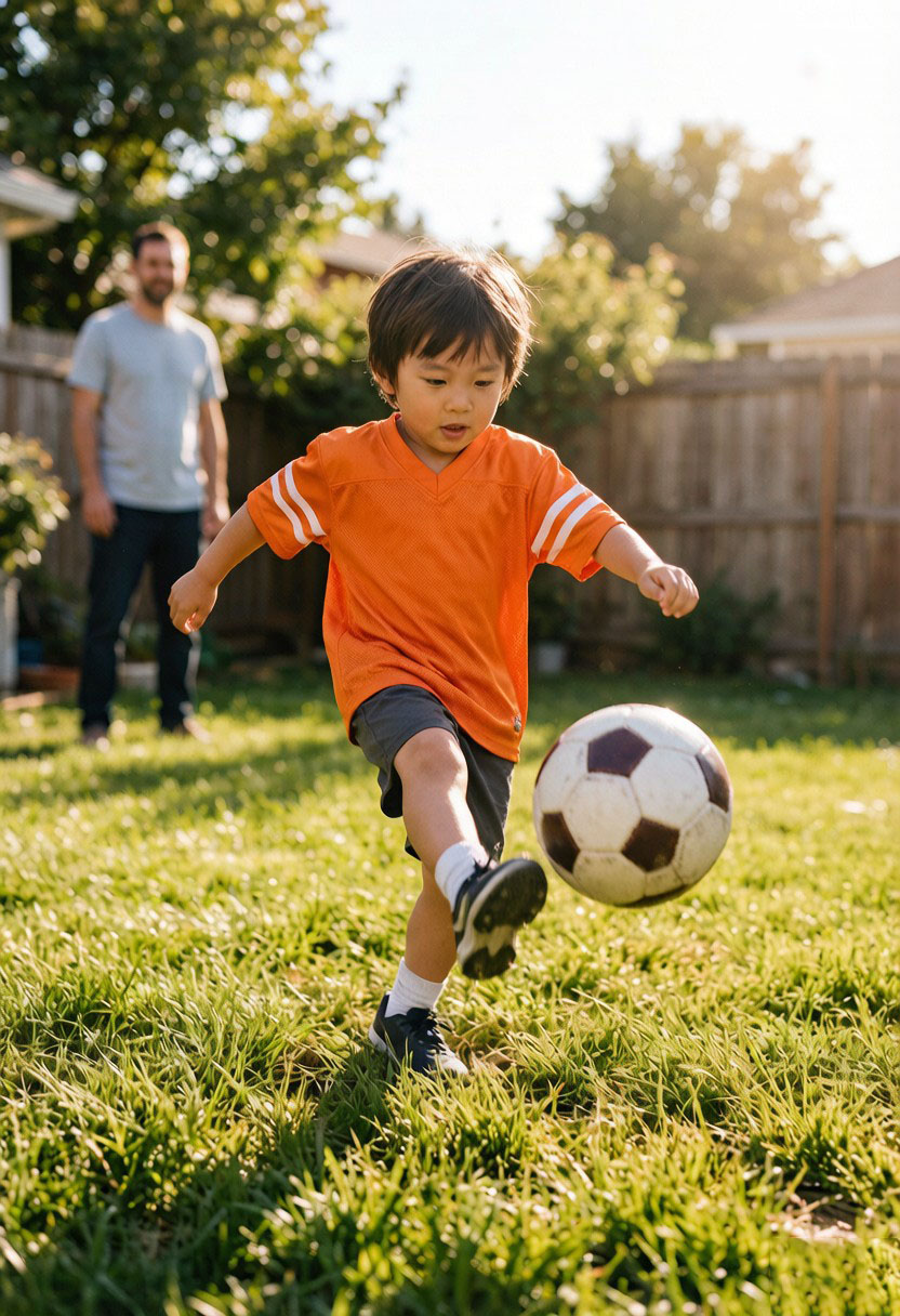 Child in an orange jersey in a backyard